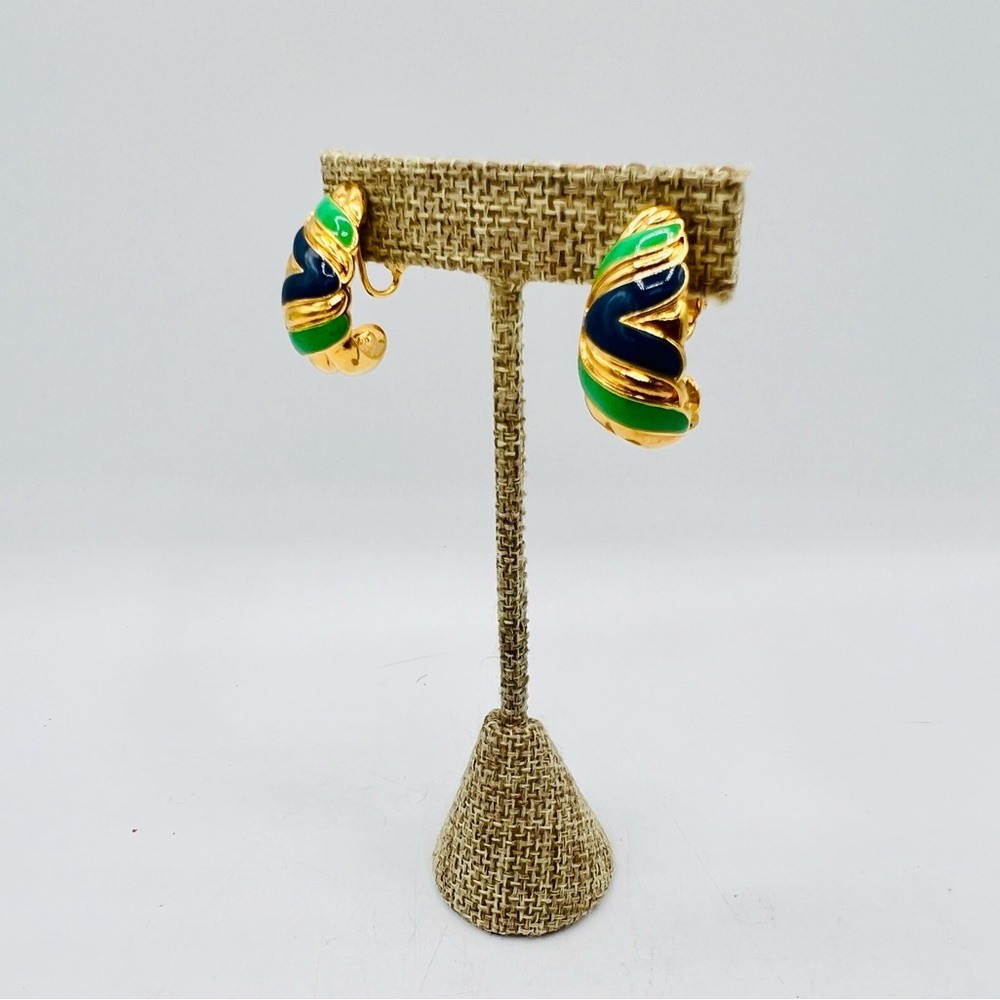 Vintage AVON clip on half hoops gold green navy 1990s